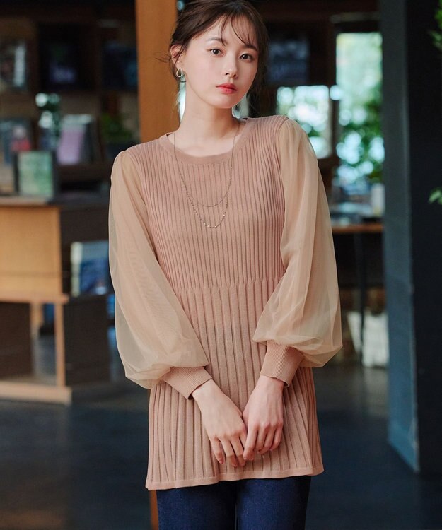 Tiaclasse チュールスリーブニットチュニック ピンク