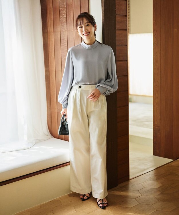 #Newans 【ストレッチ】〈花乃まりあさんコラボ〉ハイネックブラウス サックス