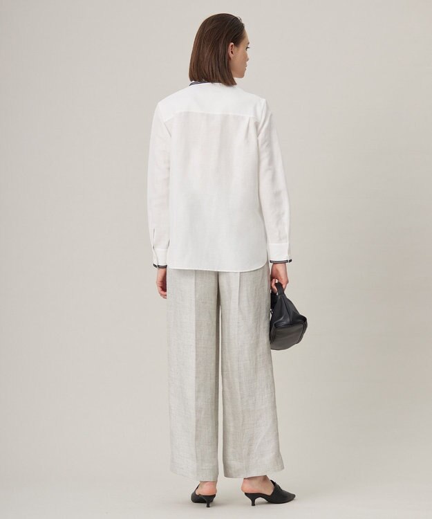 ICB 【日本製】 コットンリネンタンブラー ブラウス オフホワイト×ブラック系