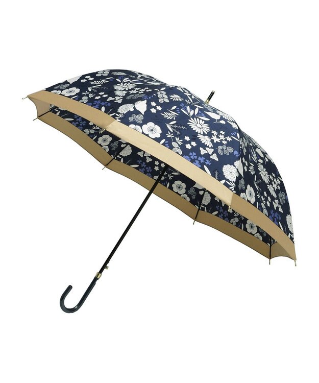 MOONBAT LANVIN en Bleu 長傘 バイカラーデイジー サテンプリント ジャンプ 耐風 ネイビーブルー