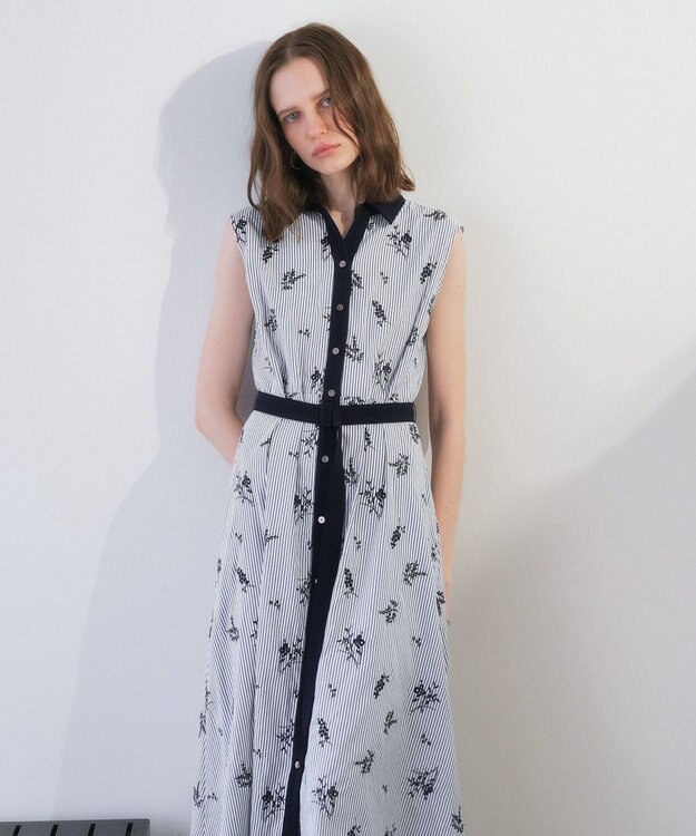 YECCA VECCA ストライプ柄フラワー刺繍ワンピース Navy