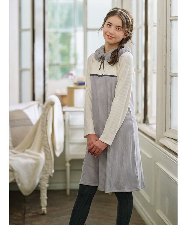 組曲 KIDS 【150-160㎝】バイカラーニットソー ワンピース ライトグレー系