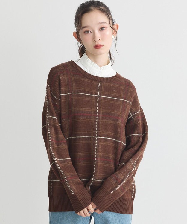 earth music&ecology チェックジャガードニットプルオーバー Check Brown