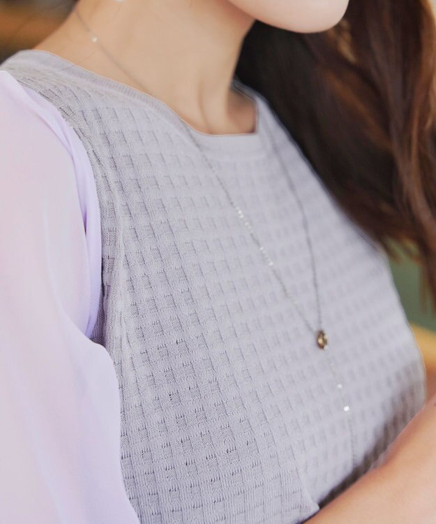 Tiaclasse L 【新色追加・洗える】シアーチェック柄ニットチュニック ラベンダー