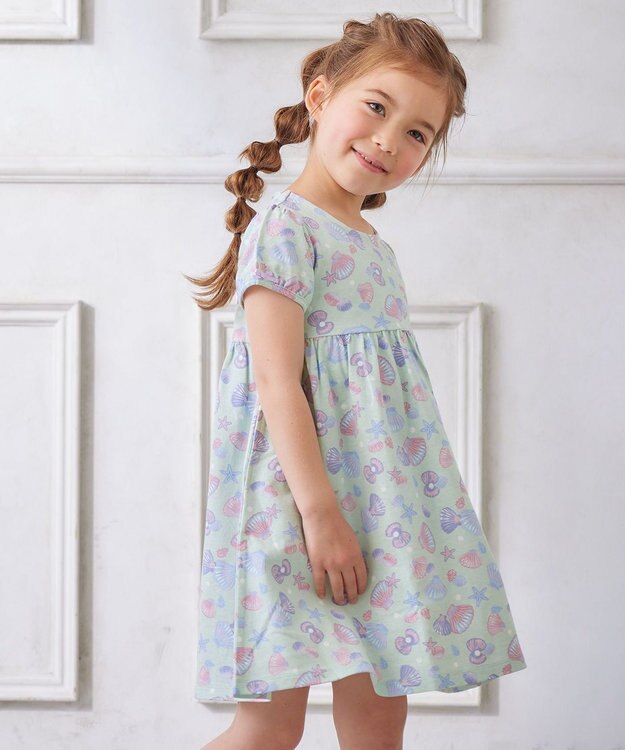 ANY KIDS カットソー サマー ワンピース エメラルドグリーン×シェル