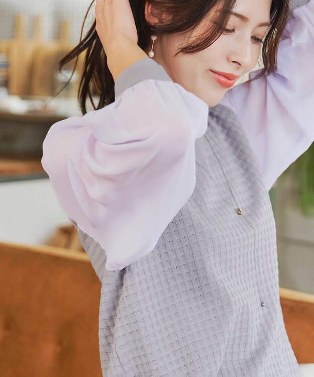 Tiaclasse L 【新色追加・洗える】シアーチェック柄ニットチュニック ラベンダー