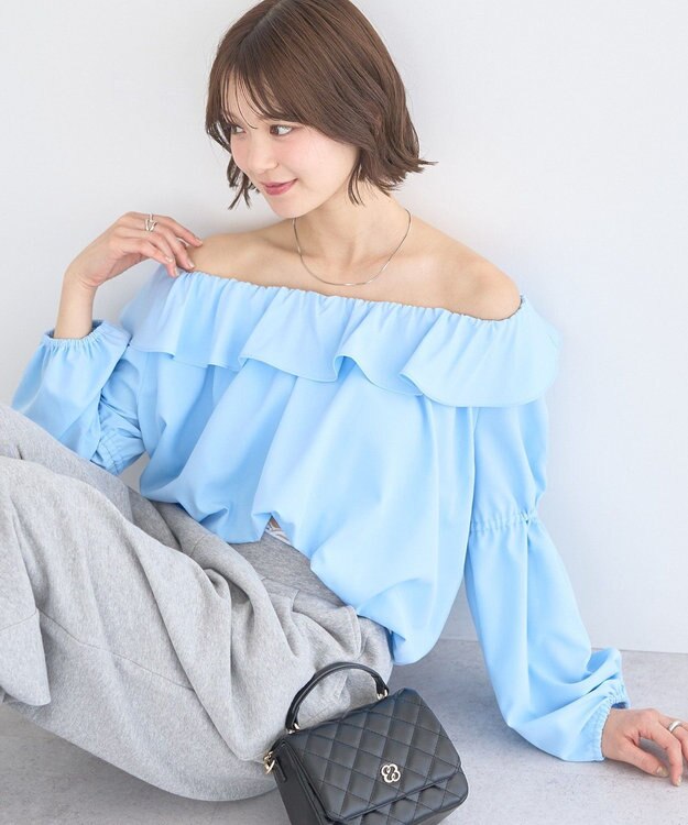 earth music&ecology 2wayオフショルバルーンヘムフリルブラウス Blue
