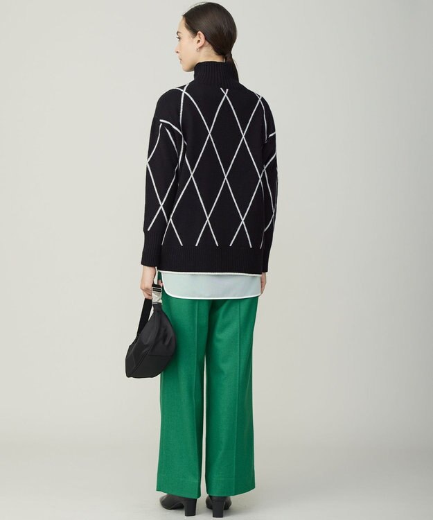 ICB L 【先行予約・洗える】ソフトカシミヤミックス ダイヤ柄ハイネックニット ブラック×オフホワイト系