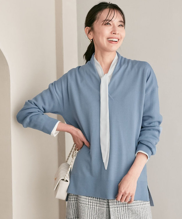 23区 S 【10色展開】ウーステッドウール 重ね襟Vネック ニット ブルーグレー系