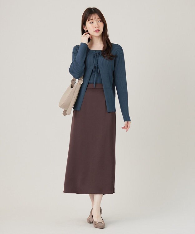 ANY SIS 【洗える】ダルサテンナロー スカート ブラウン