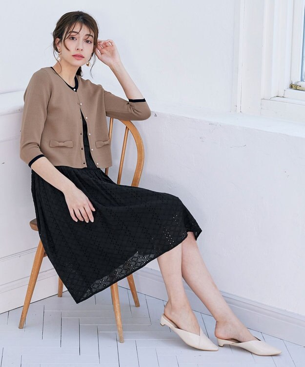 Tiaclasse 【洗える】フェイクリボンポケット付きカーディガン モカ×ブラック