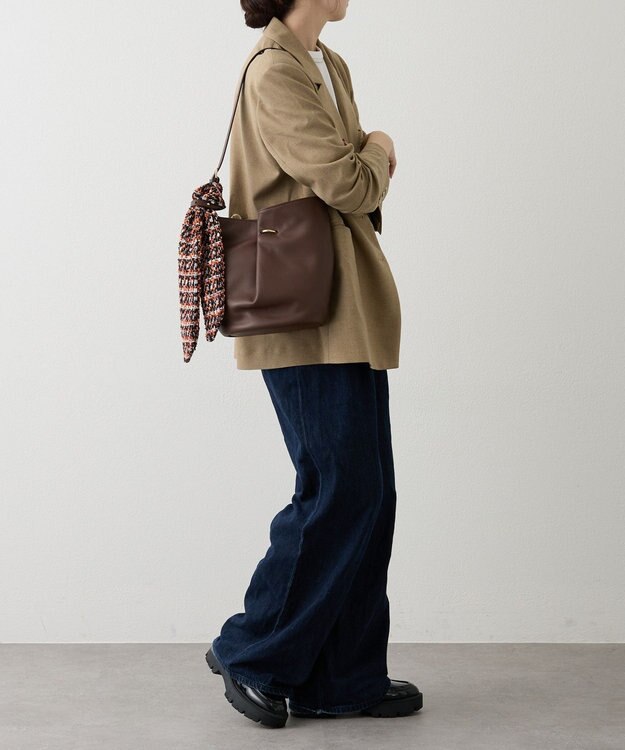 russet ツイードスカーフ付きレザー2WAYショルダーバッグ(CE-1632) D.Brown