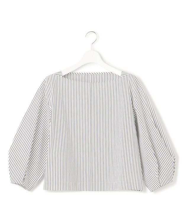 23区 L 【一部店舗限定/洗える】ハイカウントウェザーストレッチ ボートネック コンパクト ブラウス ホワイト×ブラックストライプ