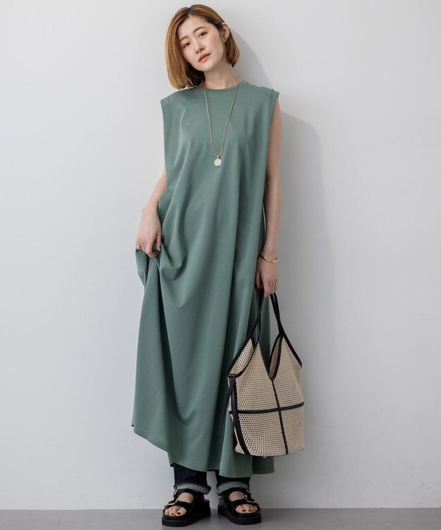 23区 L 【Oggi8月号掲載/接触冷感/洗える】ツイストコットンプレーティング スリーブレスワンピース モスグリーン系