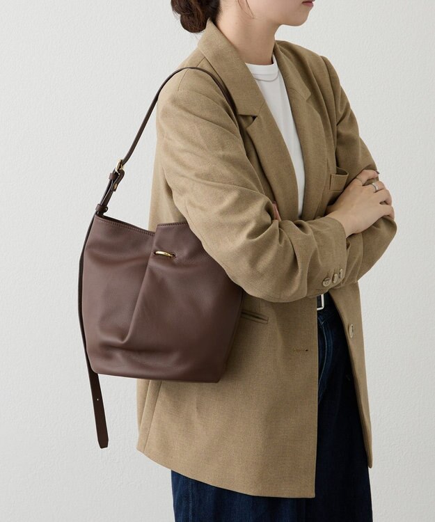 russet ツイードスカーフ付きレザー2WAYショルダーバッグ(CE-1632) D.Brown