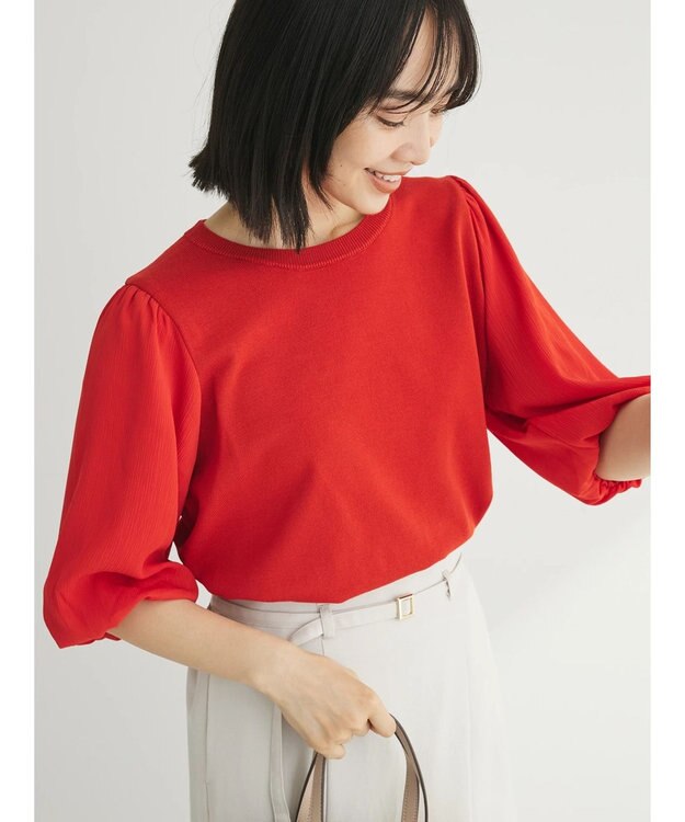 Green Parks 袖楊柳ドッキングニットプルオーバー Red