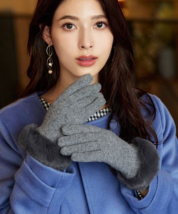 Tiaclasse 【スマホタッチ可】ファー付きスエードグローブ グレー