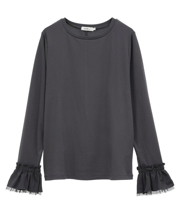 earth music&ecology フリルスリーブリブプルオーバー Charcoal Gray
