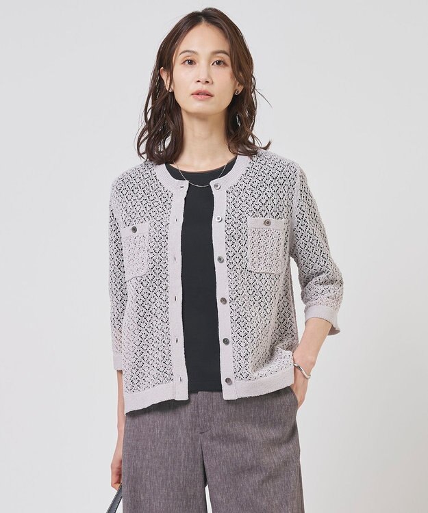 J.PRESS LADIES L LINEN COTTON BLEND ニット カーディガン ライトグレー系