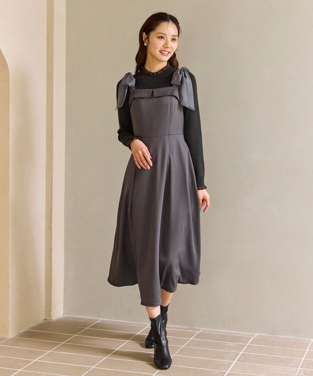 Feroux シアーリボンショルダー ジャンパースカート グレー系