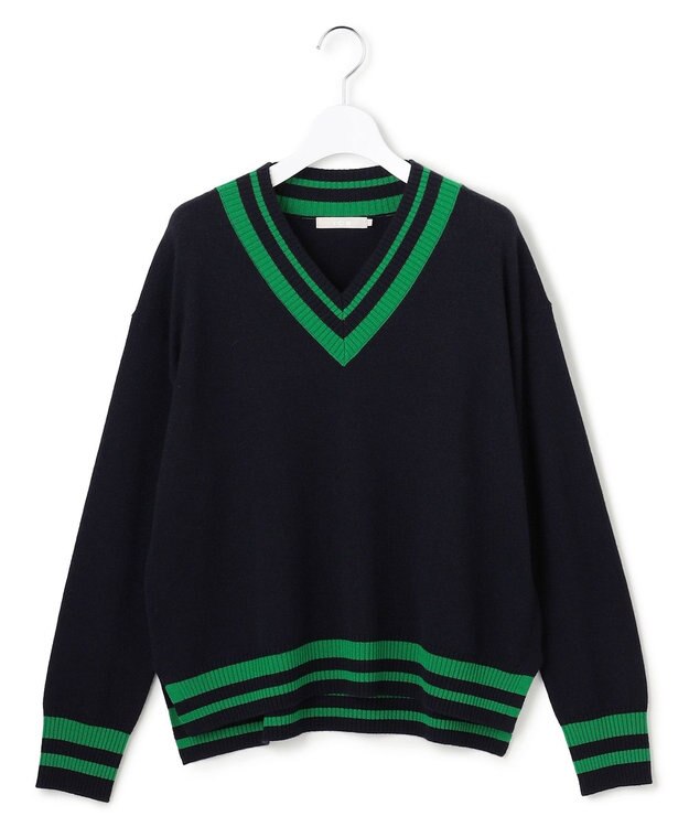 ICB ハイゲージソフトウール チルデンVネックプルオーバー ネイビー×グリーン系