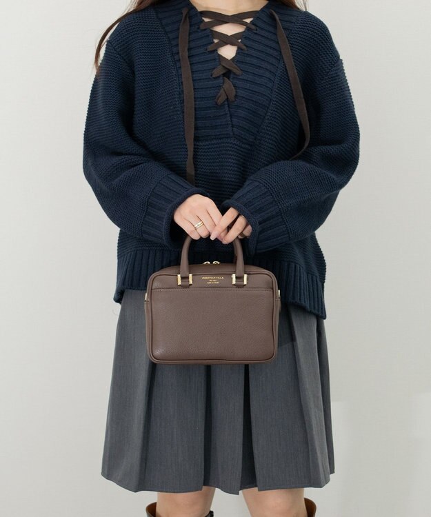 INTER-CHAUSSURES 【CHRISTIAN VILLA】ボックスシルエットレザーハンドバッグ ダークブラウン