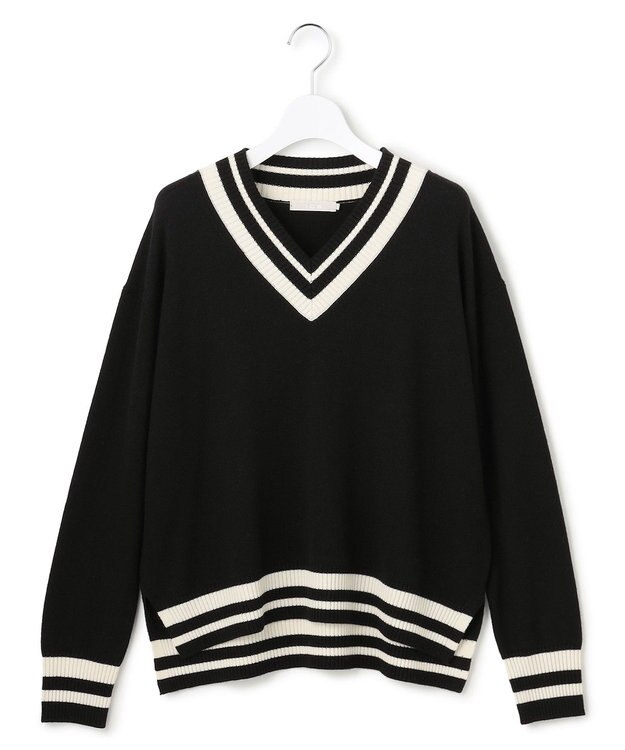 ICB ハイゲージソフトウール チルデンVネックプルオーバー ブラック×オフホワイト系