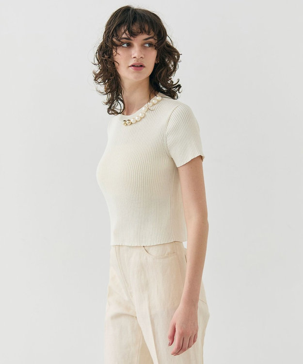BEIGE， 【洗える・美人百花 4月号掲載】VINCA / パール付き半袖コットンリブニット Ecru