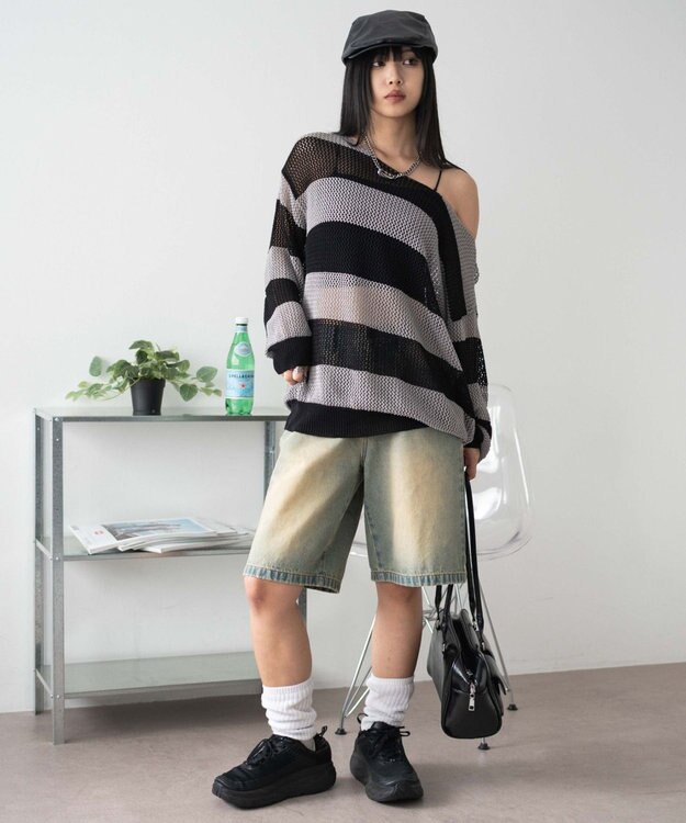 WEGO オフショルメッシュニット グレーボーダー