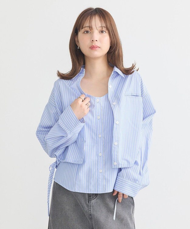 earth music&ecology Ｓｅｔ２点　ドロストショートシャツ＋キャミブラウス Light Blue