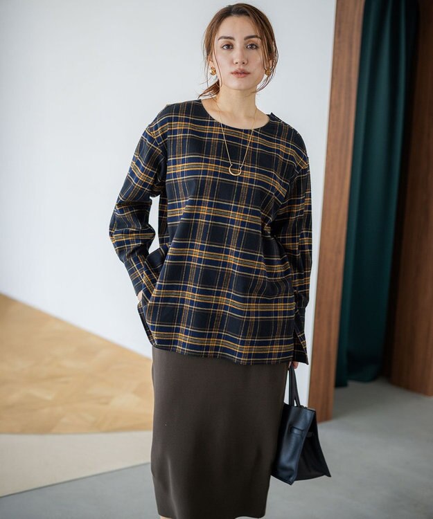 23区 L 【Lサイズ限定】ブラッシュド ビエラチェック ノーカラーブラウス ネイビー系