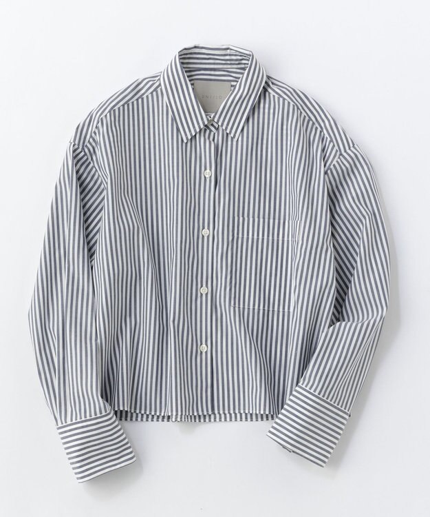 UNFILO 【抗菌防臭】イージーケア クロップド シャツ ネイビーストライプ