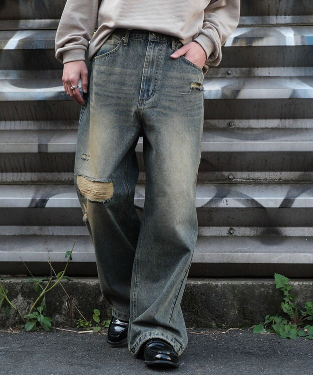 WEGO スーパーバギーダメージデニムパンツ デニム淡加工色