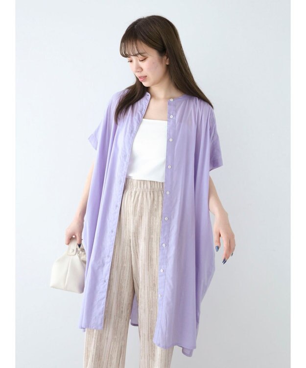 Green Parks インド綿　パイピングバンドカラーシャツチュニック Purple