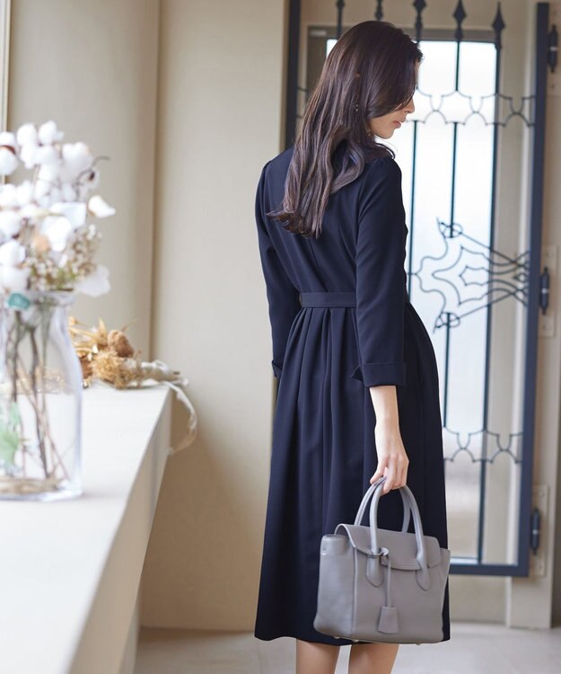 Tiaclasse 【ダブルクロス・洗える】 ナローVネックワンピース ネイビー