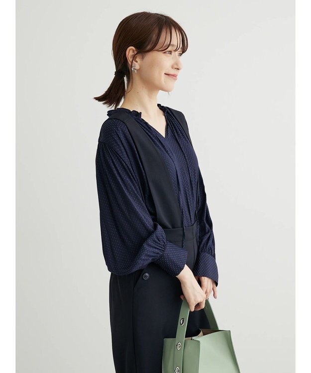 Green Parks とろみ衿フリルブラウス Navy