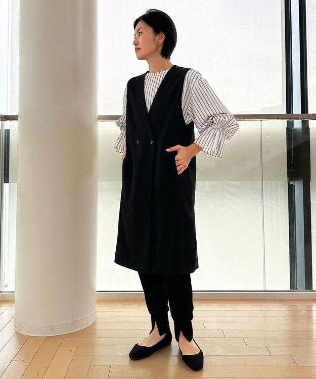 UNFILO 【洗える/吸水速乾】イージーケア キャンディスリーブ ブラウス ブラックストライプ