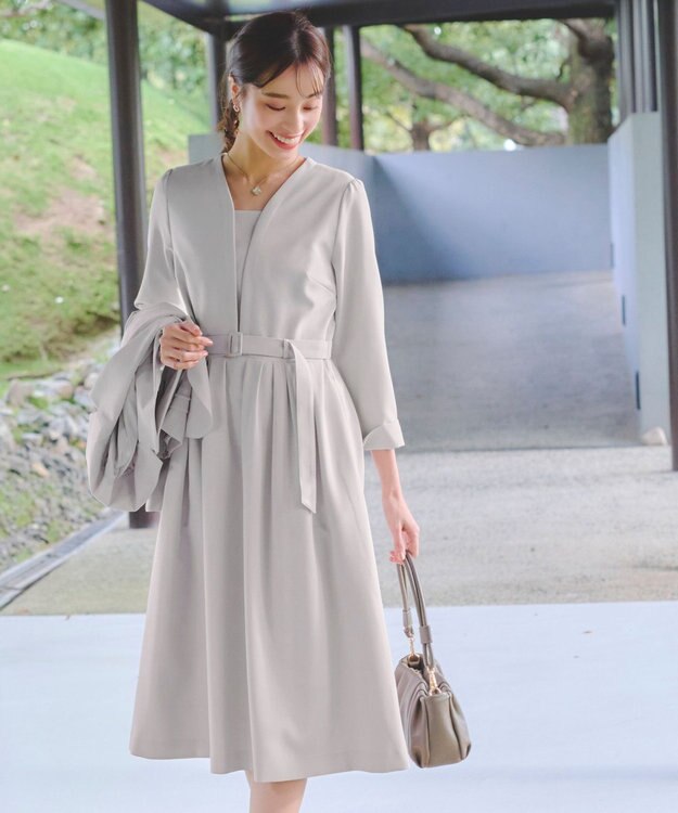 Tiaclasse 【ダブルクロス・洗える】 ナローVネックワンピース グレージュ