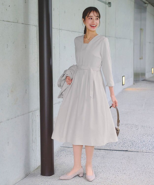 Tiaclasse 【ダブルクロス・洗える】 ナローVネックワンピース グレージュ