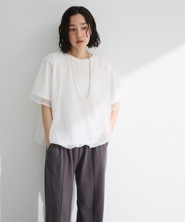 Green Parks チュールドッキングバルーン５分袖プルオーバー Off White