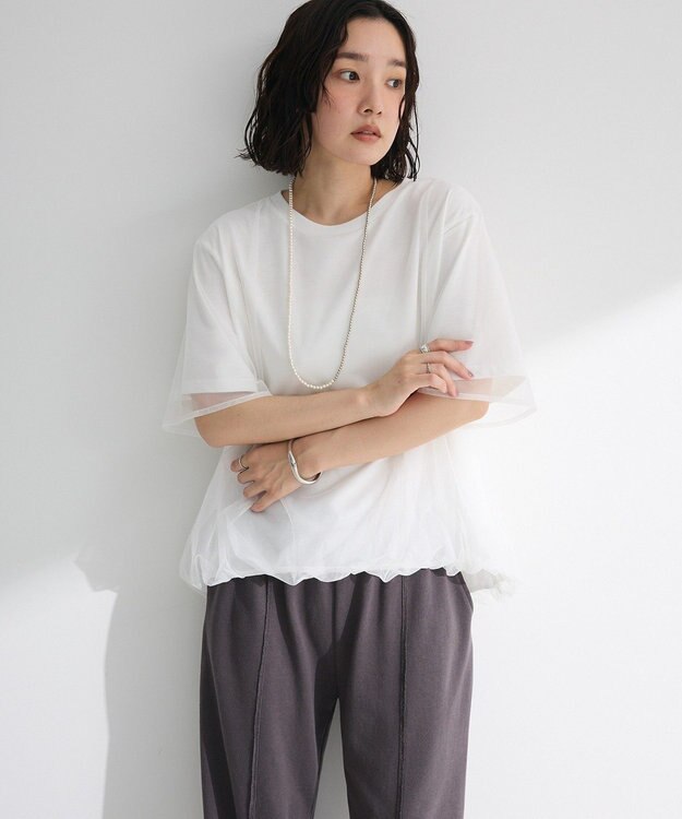 Green Parks チュールドッキングバルーン５分袖プルオーバー Off White