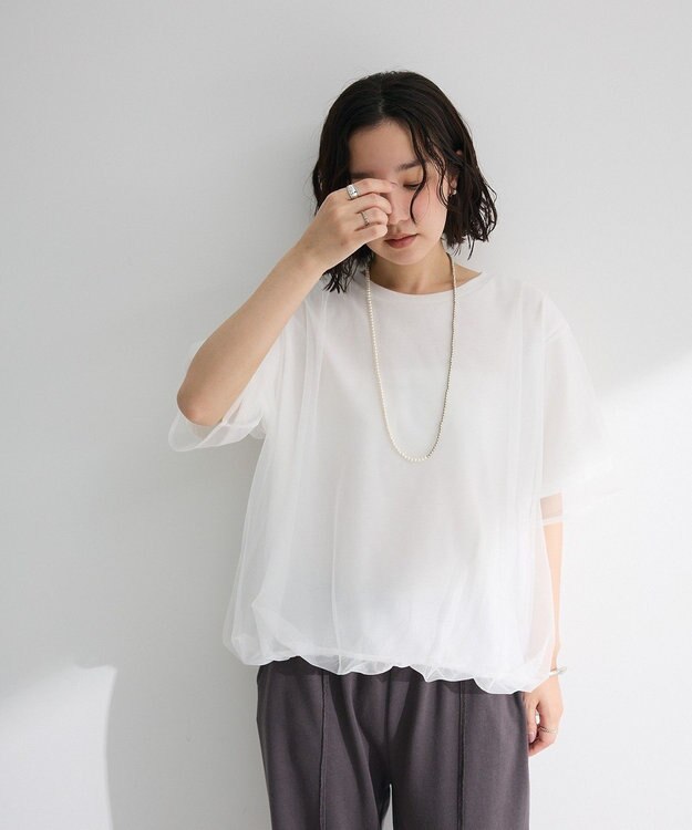 Green Parks チュールドッキングバルーン５分袖プルオーバー Off White