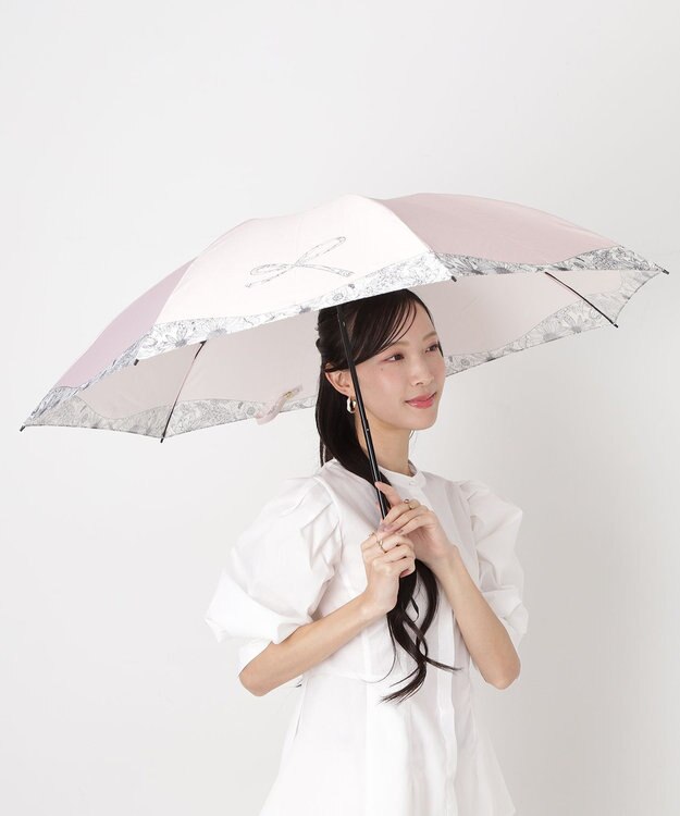 MOONBAT 【簡単開閉】ランバン オン ブルー (LANVIN en Bleu) リボン 花柄 折りたたみ傘 サテンプリント ピンク