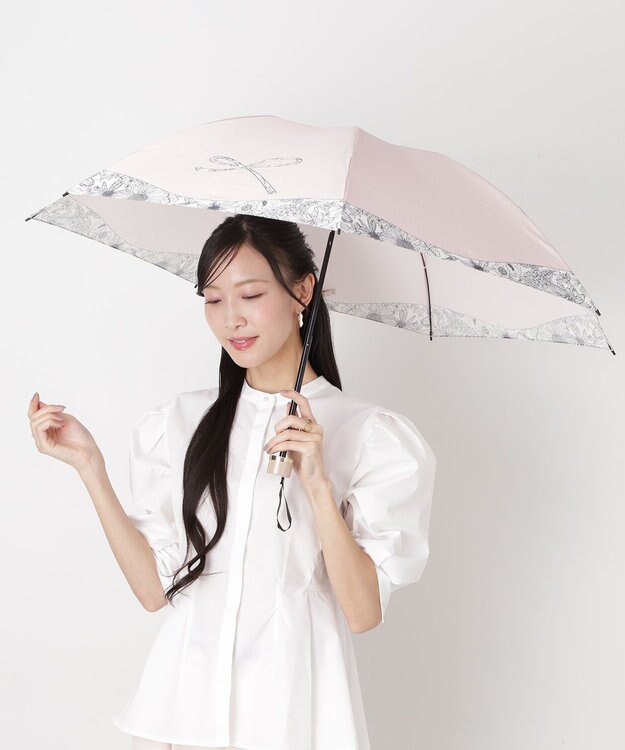 MOONBAT 【簡単開閉】ランバン オン ブルー (LANVIN en Bleu) リボン 花柄 折りたたみ傘 サテンプリント ピンク