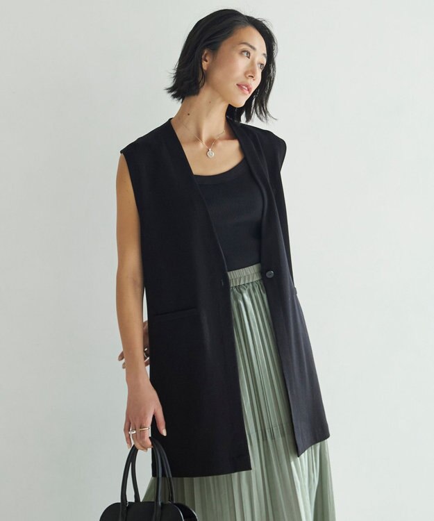 ICB 【洗える】ドライコットンアセテート ニットジレ ブラック系