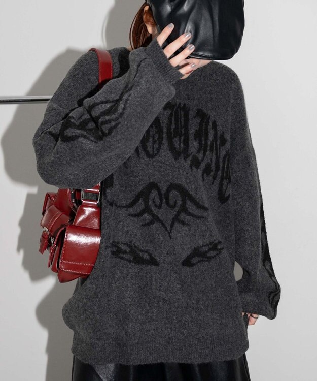 WEGO モチーフグラフィックフラッフィーニットプルオーバー ダークグレー