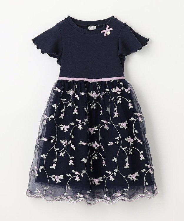 ANY KIDS 刺繍チュールガーリー ワンピース ネイビー