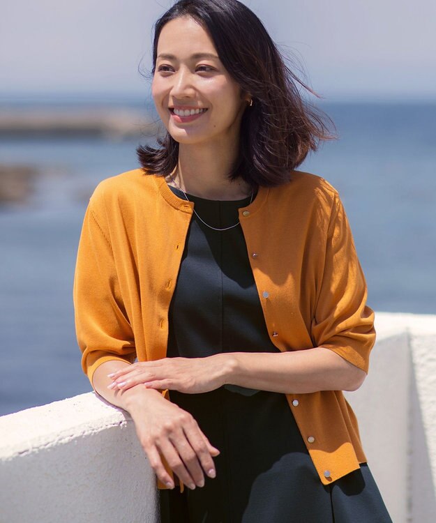 J.PRESS LADIES L COTTON ACETATE DRY クルーネック カーディガン サニーオレンジ系