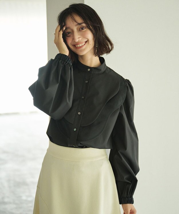 #Newans 【洗濯機可能】ウェイビービブデザインブラウス ブラック