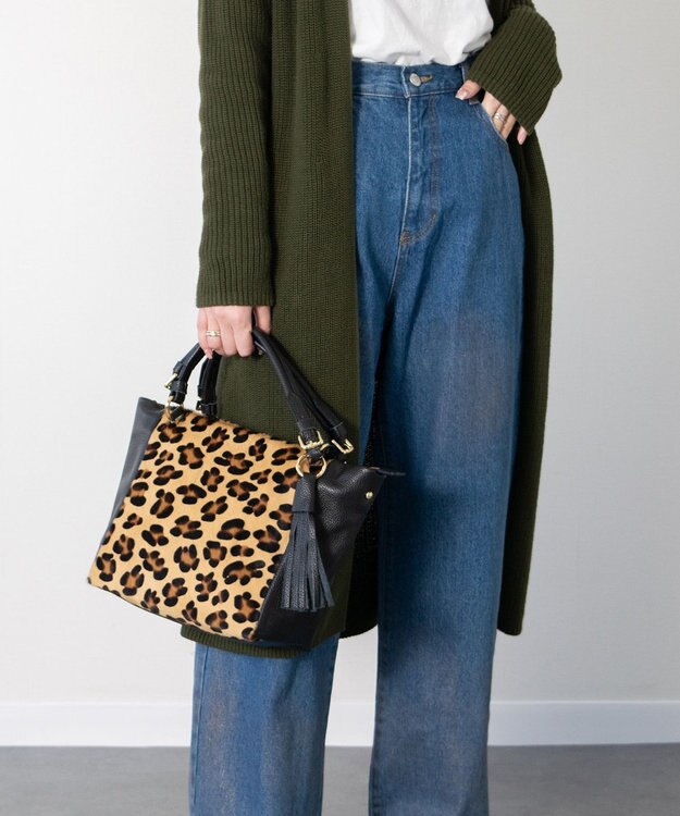 INTER-CHAUSSURES 【ANDREA CARDONE】レザーハンドルレオパード柄ハンドバッグ マルチコンビ